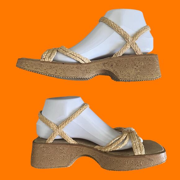 90's 00's vintage raffia braided ankle strap y2k platform sandals US Size 9 - Picture 4 of 8